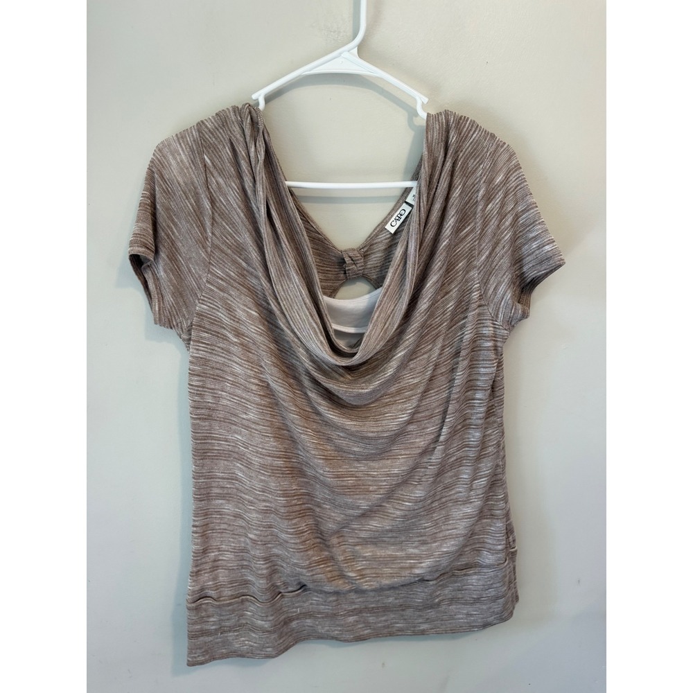 Cato Womens XL Brown Marled Cowl Neck Open Back Layered Look Top Short Sleeve